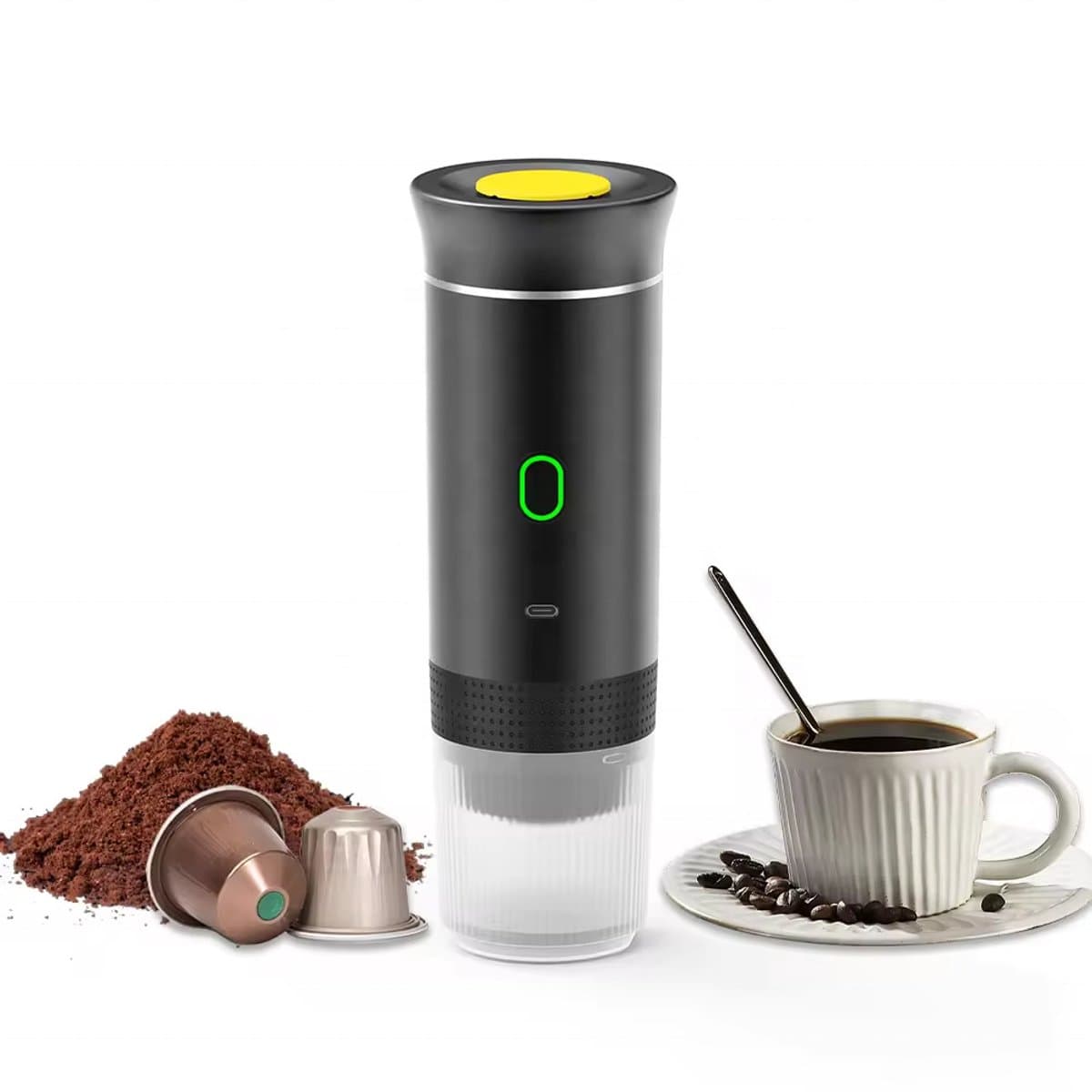 Draadloze, draagbare elektrische koffiemaker met USB-C-poort, zelfverwarmend, oplaadbaar, geschikt voor reizen, kamperen, campers, thuis, kantoor, enz. (Zwart) — afbeelding 1