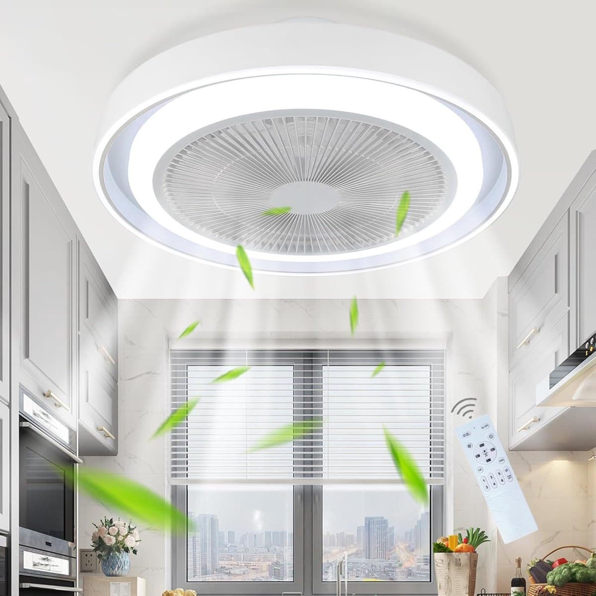 Glitzerlife Plafond ventilator met verlichting – LED Plafondlamp met Ventilator – Stille plafondventilator Afstandsbediening & Timer – Modern Design – Blauw – 5 Vleugels – Voor Slaapkamer, Woonkamer & Eetkamer — afbeelding 1