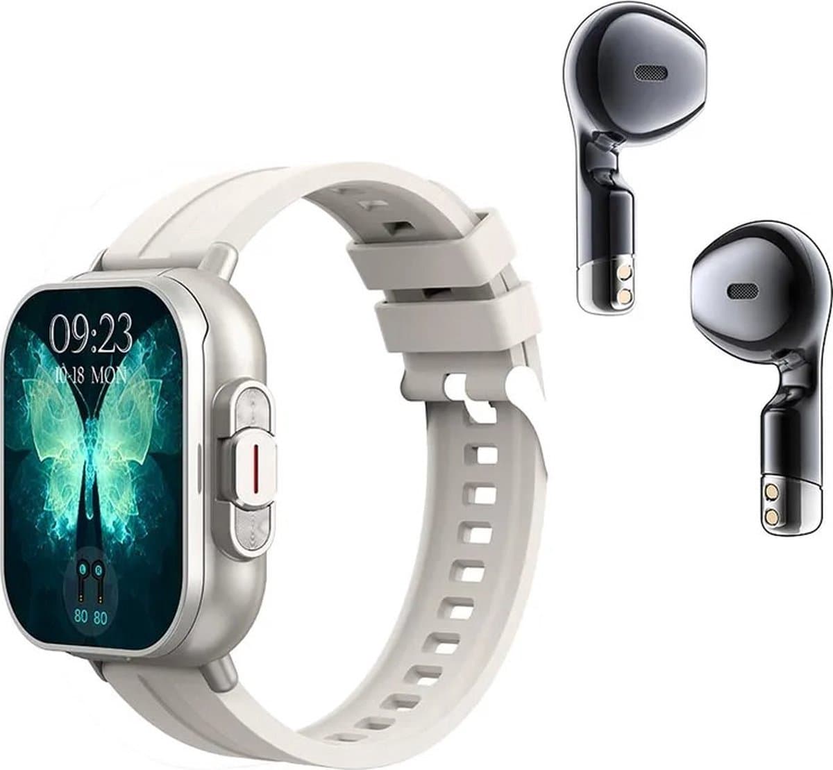 DrPhone DualX Duo2 - Smartwatch met Ingebouwde Oordoppen - Bluetooth 5, NFC, Gezondheidsmonitoring & Automatisch Opladen - Wit — afbeelding 1