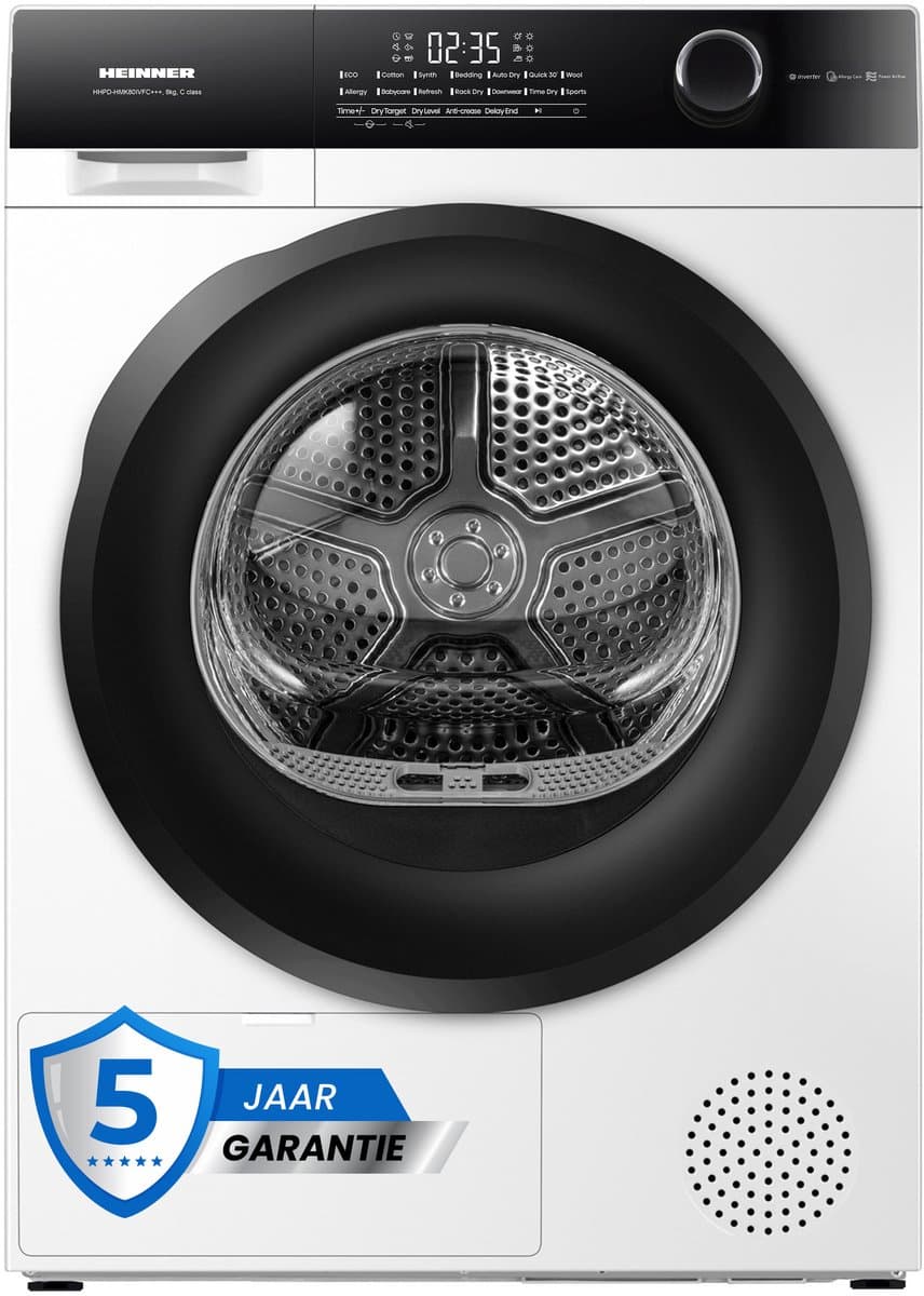 Heinner HHPD-HMK80IVFC+++ Warmtepompdroger 8 kg – Inverter Motor – Touch Control – Trommelverlichting – Baby Care & Wolprogramma – Schoenenrek – Wit – 5 Jaar Garantie — afbeelding 1
