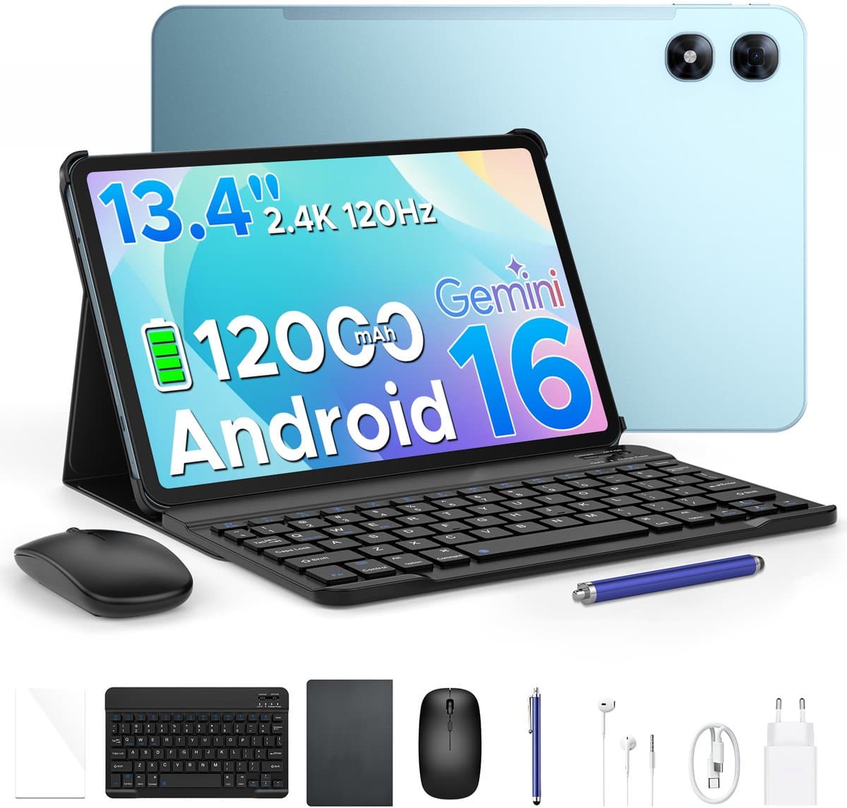 POCKAM P13 Pro Tablets - 12 GB RAM + 256 GB ROM (2 TB/TF) - 13,4 inch tablet FHD+ 120 Hz – Android 16 - UNISOC T7280 - 12000 mAh/18W - 4G LTE - Wi-Fi 5 - Bluetooth 5.0 - Inclusief toetsenbord, muis, Stylus en hoesje - Dubbele luidsprekers - Blauw — afbeelding 1