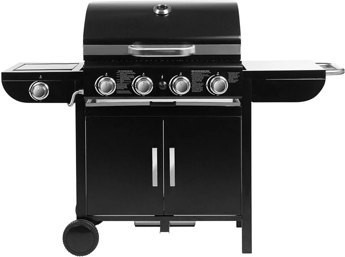 DoneMore® - Gas BBQ grill met 4 branders en zijbrander - grillwagen met thermometer en piëzo ontsteking - zwart - 133x52x122 cm - 27 kg — afbeelding 1