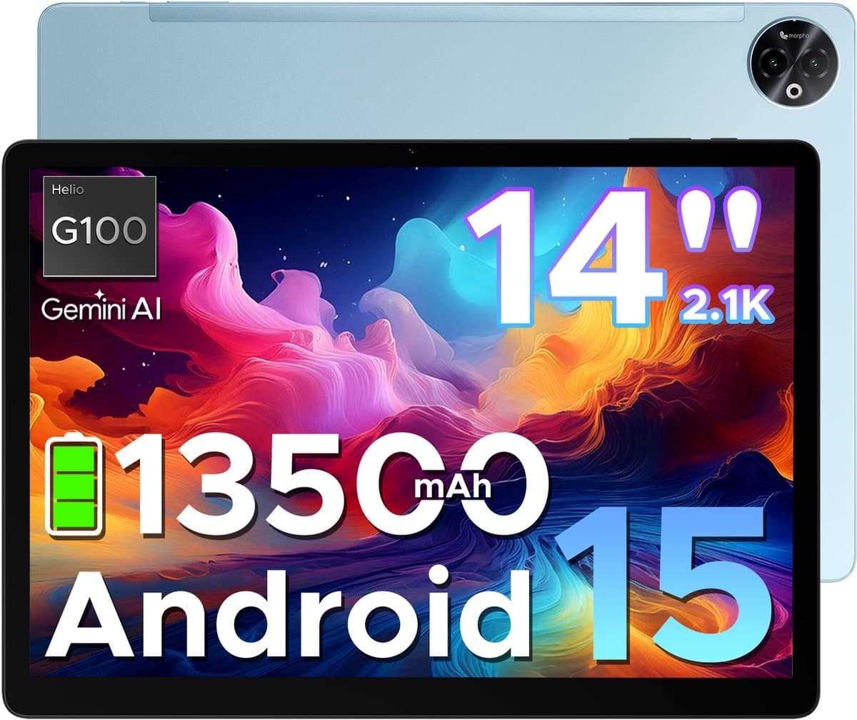 DOOGEE Tab E3 Max - Tablet - 32GB ROM+256GB ROM(2TB TF)- Android 15 - 14 inth IPS - 4G LTE - Gemini AI - Helio G100 - 13500mAh/18W - Quad Speakers - Face ID - 5G Wi-Fi - A GPS - GPS - Blauw — afbeelding 1