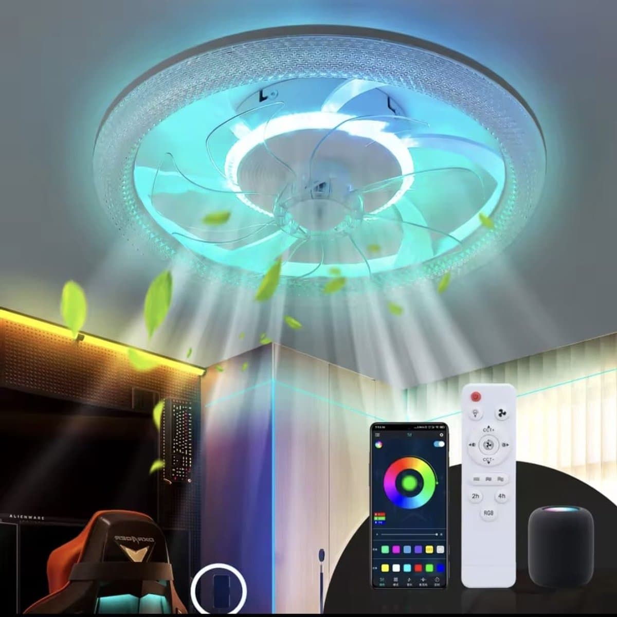 RGB Plafondventilator - Met Speaker - Dimbaar Met Afstandsbediening - 12 Kleuren - 60W - RGB Muziek Ventilator - Woonkamerlamp - Kroonluchter Ventilator — afbeelding 1