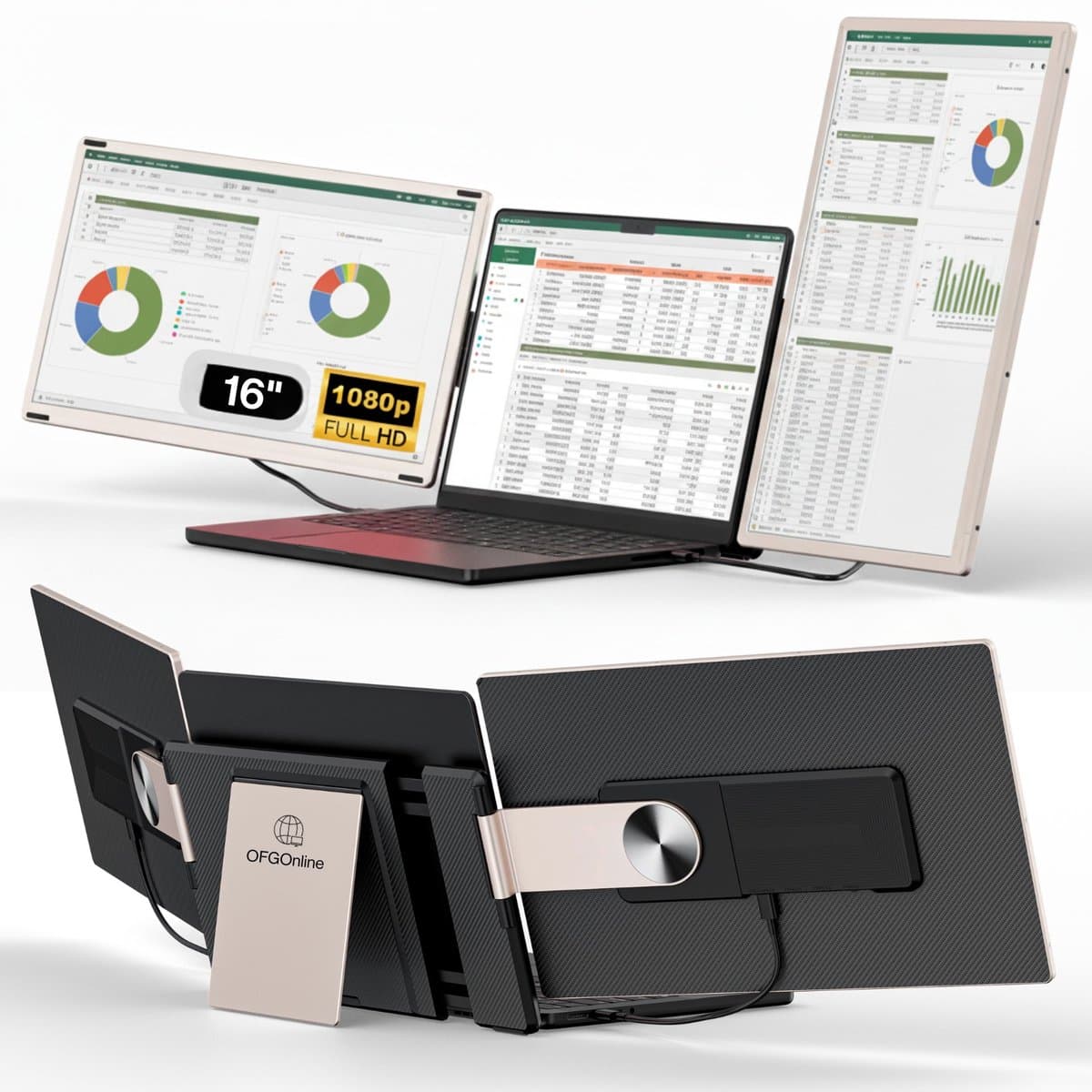 Portable Monitor 16" Inch Tri Screen - Geschikt voor laptops van 13" t/m 17.3" Inch - Gratis Reistas - Laptop scherm extender - Draagbare monitor - 16 inch monitor — afbeelding 1