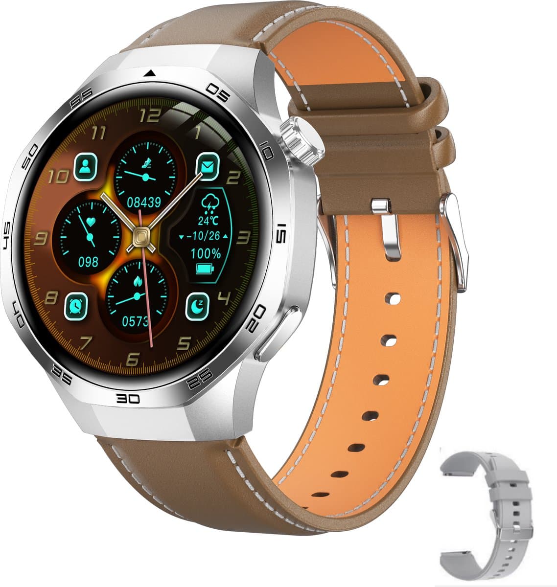 Knobbout 1.53" Stijlvolle Sport Smartwatch – NFC- Kompas, Hoogtemeter, Barometer-Bluetooth Bellen - Draadloos Opladen - hartslag, bloeddruk, zuurstofgehalte (SpO₂) - AI Assistent - medicatie innemen alert - Bruin Leren + Siliconen Band — afbeelding 1