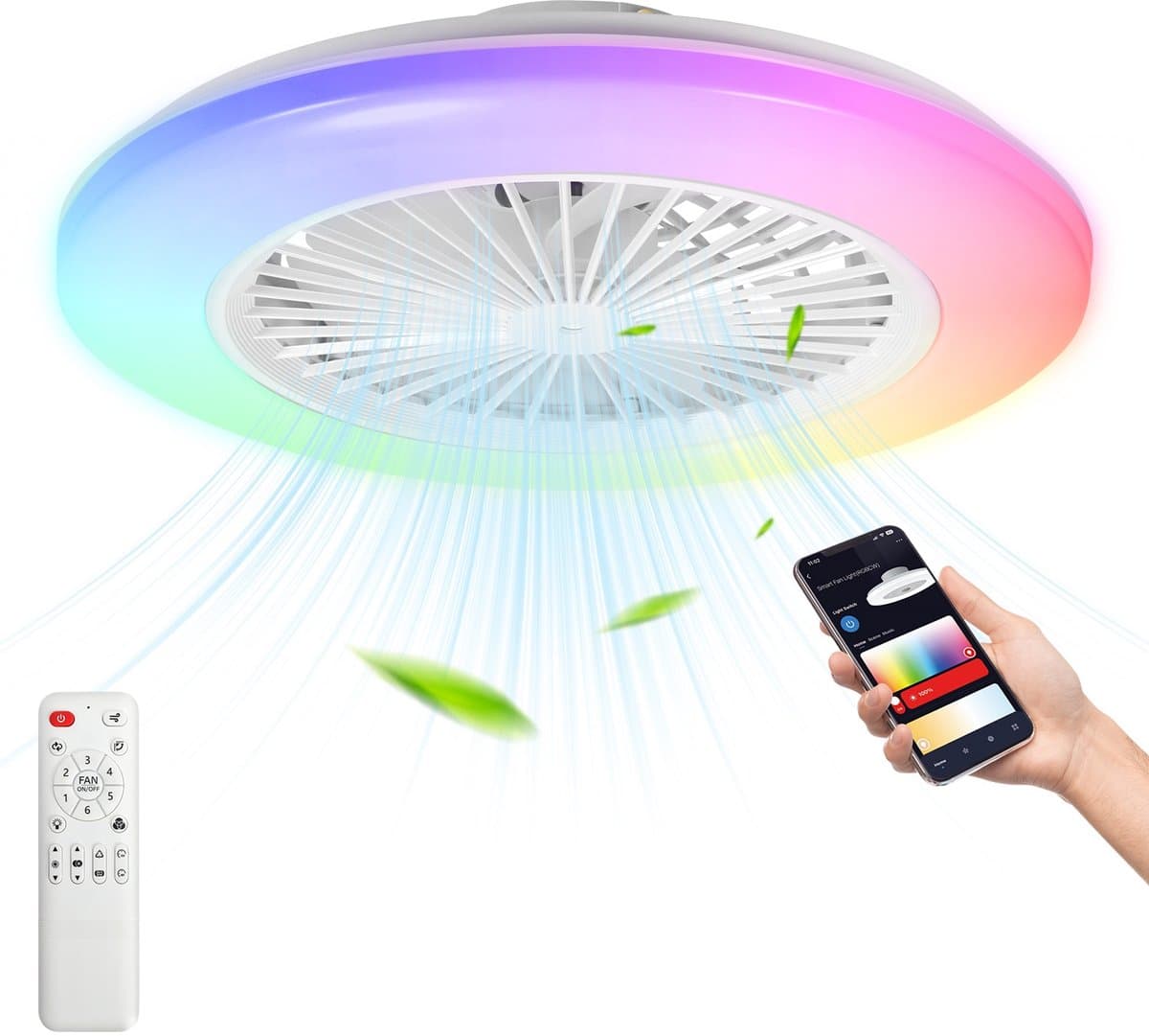 RGB Plafondventilator met verlichting - LED plafondlamp met ventilator Inclusief Afstandsbediening - 6 snelheden - dimbaar - Zwart & Wit — afbeelding 1