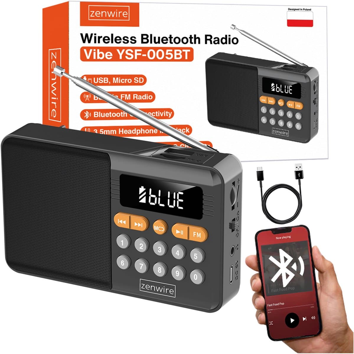 Zenwire Vibe YSF-005BT - FM-radio - Luidspreker - Bluetooth - Draagbaar - SD-kaartlezer - Piekvermogen - 13 W - Werkt op batterijen - Mini-jack - USB - USB-C - Telescopische antenne - LCD-scherm — afbeelding 1