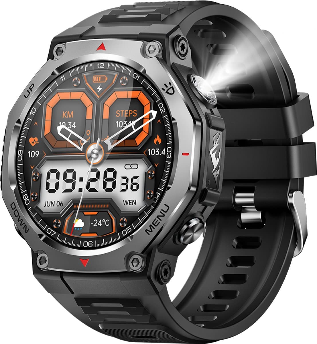 Knobbout 1.43” AMOLED Smartwatch – 466×466 HD Scherm – 5ATM Waterdicht (tot 50m) – LED Zaklamp + UV-Licht + SOS Noodflits – Bluetooth Bellen – 525mAh Lange Batterijduur – Outdoor & Sporthorloge voor Android/iOS-Zwart — afbeelding 1
