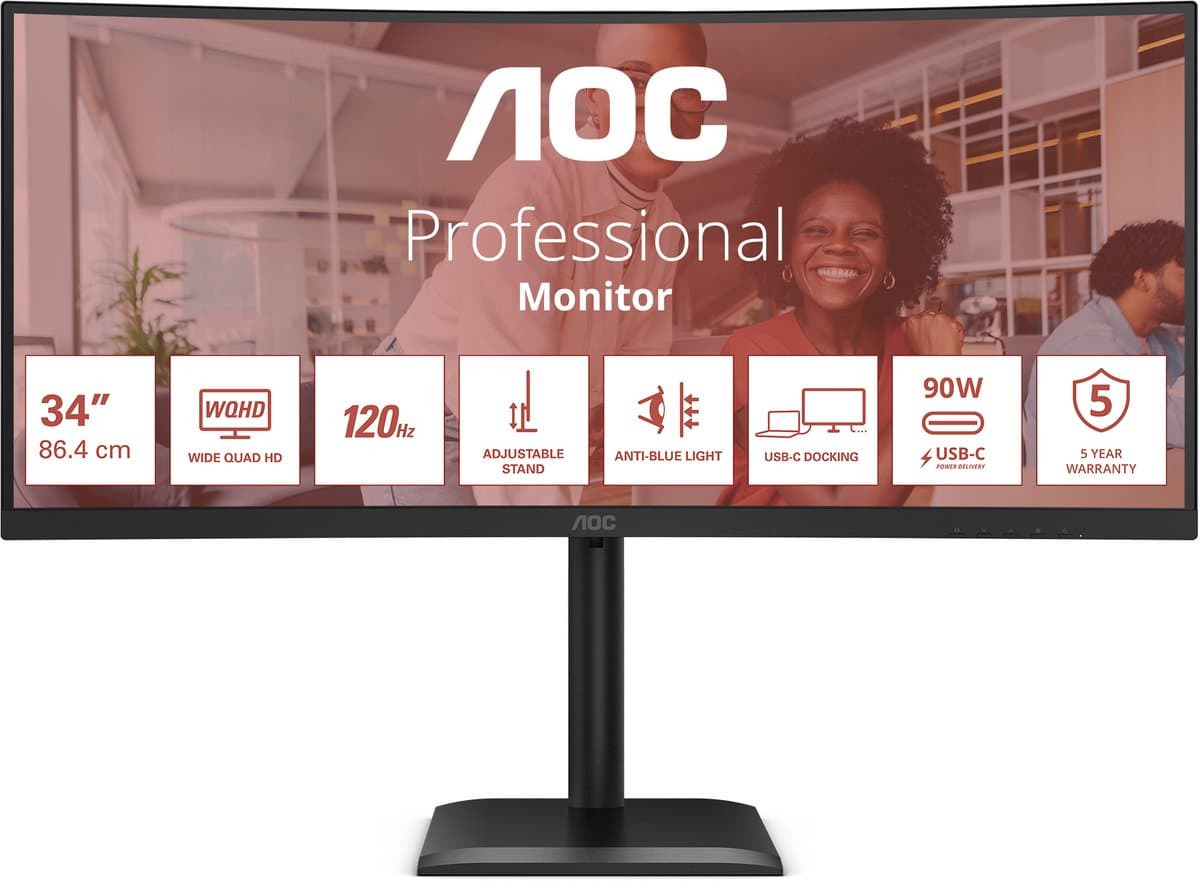 AOC E4 CU34E4CV computer monitor 86,4 cm (34") 3440 x 1440 Pixels UltraWide Quad HD LCD Zwart — afbeelding 1