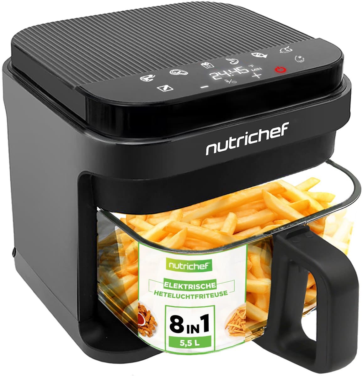 Nutrichef Airfryer 5,5 L – 8-in-1 Kookmodi, Transparante Kom, Nauwkeurige Temperatuur & Timer – Zwart — afbeelding 1