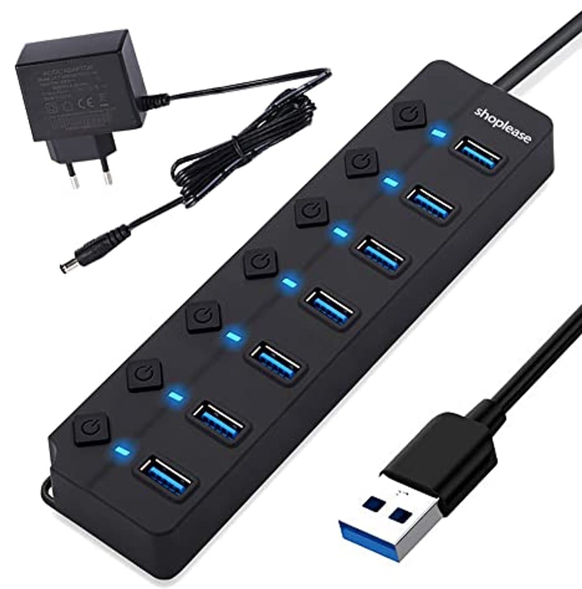 USB 3.0 Splitter 7 Poorts met 5V/2A Adapter en Individuele Aan/Uit-schakelaar — afbeelding 1