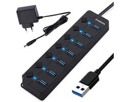 USB 3.0 Splitter 7 Poorts met 5V/2A Adapter en Individuele Aan/Uit-schakelaar