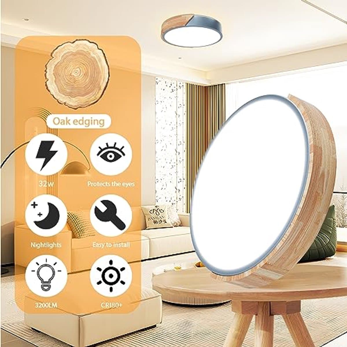 Dimbare Houten Plafondlamp - 3000K-6000K LED Lamp met Afstandsbediening - Moderne Verlichting voor Woonkamer, Slaapkamer en Hal - 32W, 30 cm, Blauw — afbeelding 1