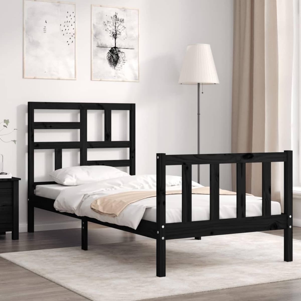 Bedframe 2FT6 Small Single Familiekbed, massief houten bed met hoofdeinde, zwart — afbeelding 1