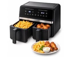 Cheqo® Dubbele Airfryer met Twee Gelijke Manden - Heteluchtfriteuse XXL Zwart - Dual Zone met Twee Kookvakken - Hetelucht Friteuse met Touchscreen - Digitale Airfryer voor Gezin - Frituurpan zonder Olie - Snackpan met Grillplaat - Airfryer Oven
