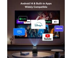 Mini Beamer – WiFi 6 & Bluetooth 5.4 – 4K Ondersteuning – Android 14 – Auto Keystone – 270° Draaibaar