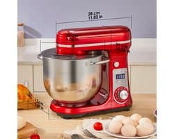 Keukenmachine 6L - 1200W - Staande Mixer - RVS Mengkom - 6 Snelheden + Pulse - LED Display - Inclusief Garde, Deeghaak & Platte Menghaak - Rood