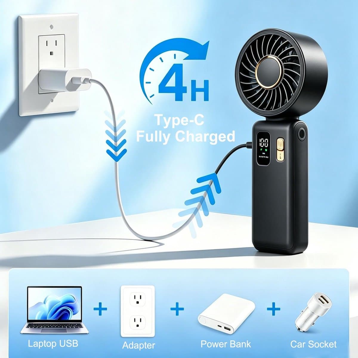 Draagbare handventilator - Mini USB fan - Persoonlijke verkoeling - 100 snelheden - 4000 mAh batterij - Zwart — afbeelding 1