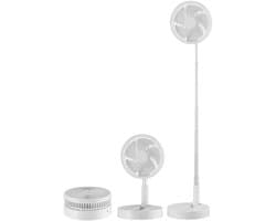 Draagbare,7200 mAh opvouwbare en telescopische vloerventilator met USB-oplaadfunctie, geschikt voor thuis, studentenkamers en als bureau. Compact op te bergen.