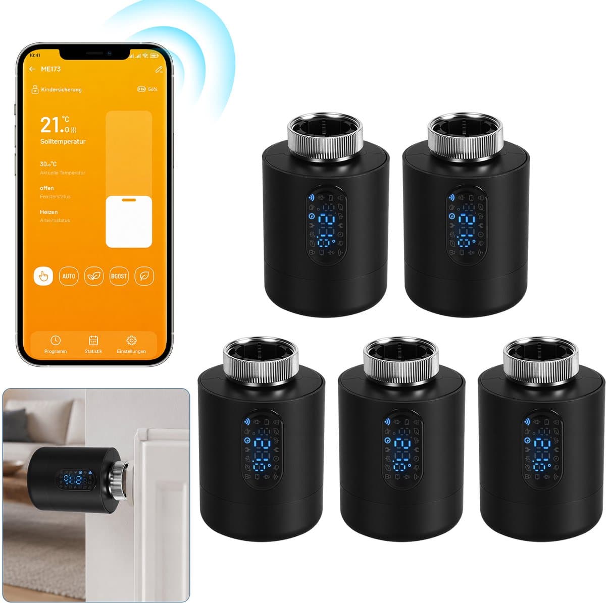 Slimme Thermostaatkraan voor Radiator – WiFi, App en 6 Modi – Zwart – 5-pack — afbeelding 1