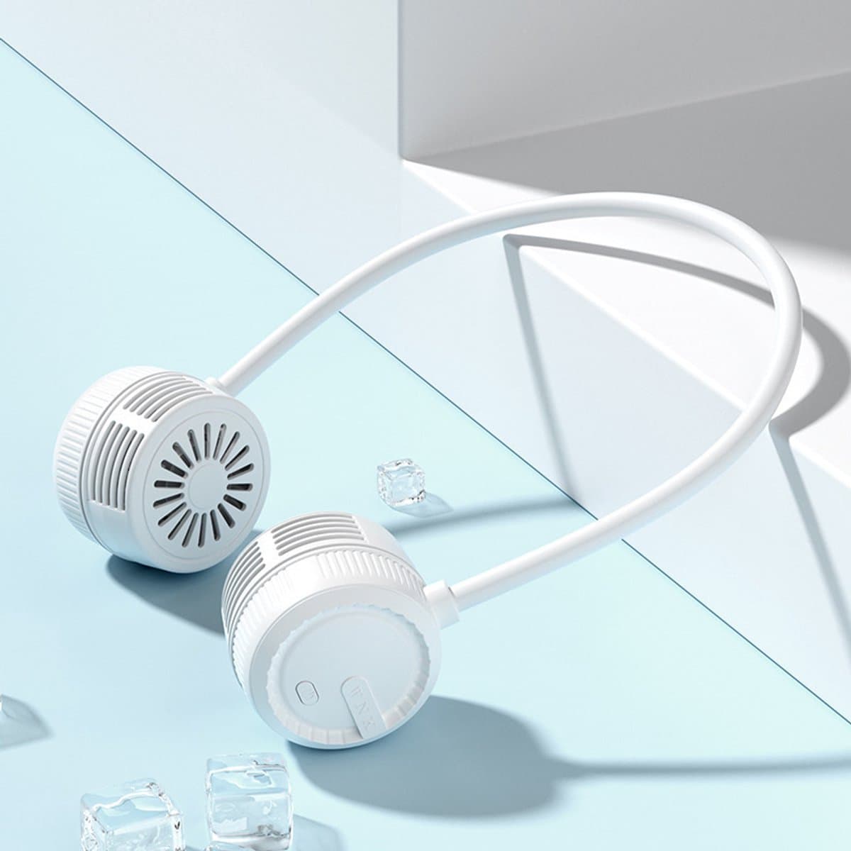 Nekventilator (knopmodel) - 64×64×48 mm - Slanglengte 42 cm - Flexibel en opvouwbaar - Handsfree ventilator zonder bladen - 3 windsnelheden - Stil en lichtgewicht - Geschikt voor reizen, sporten, kantoor en buitenactiviteiten - Wit — afbeelding 1