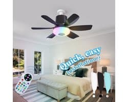 Plafondventilator met verlichting en afstandsbediening met ingebouwde luidspreker - Zwart - Verbeterde RGB-versie - LEC020R - Drie windsnelheden - Kleine plafondventilator met verlichting, geschikt voor slaapkamers en woonkamers - Zwart - 47x18 cm