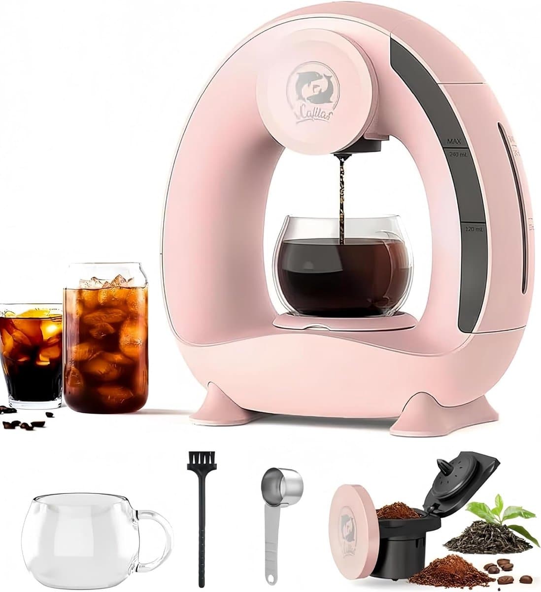 i Cafilas Mini Q Americano Koffiezetapparaat voor gemalen koffie, 2-in-1 koffiezetapparaat, Mini One Cup koffiebrouwer/theemaker met koffiefilter, elektrisch koffiezetapparaat mini, 120-240 ml, roze — afbeelding 1