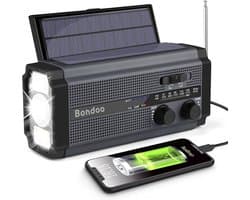 Bondoo Noodradio 5000 mAh – Noodradio solar opwindbaar - Noodradio op batterijen - Noodradio opwindbaar en batterij - Radio noodpakket - Draagbare radio – Noodradio DAB+ - Powerbank zonneenergie - Zwart