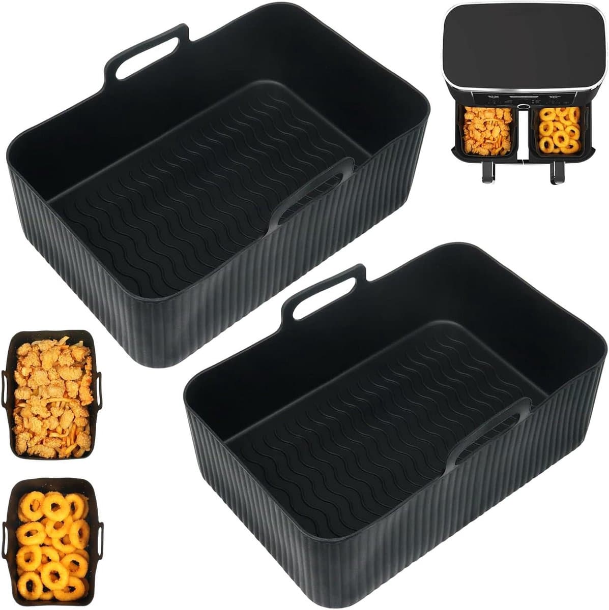 Allecto Premium - Siliconen Air Fryer Liners voor grote Air Fryer Accessoires - Herbruikbaar - Geschikt voor Ninja, Tower, Instant Vortex, Salter, EMtronics - 2 stuks - Zwart - 9L/9.5L Dual Air Fryer. — afbeelding 1