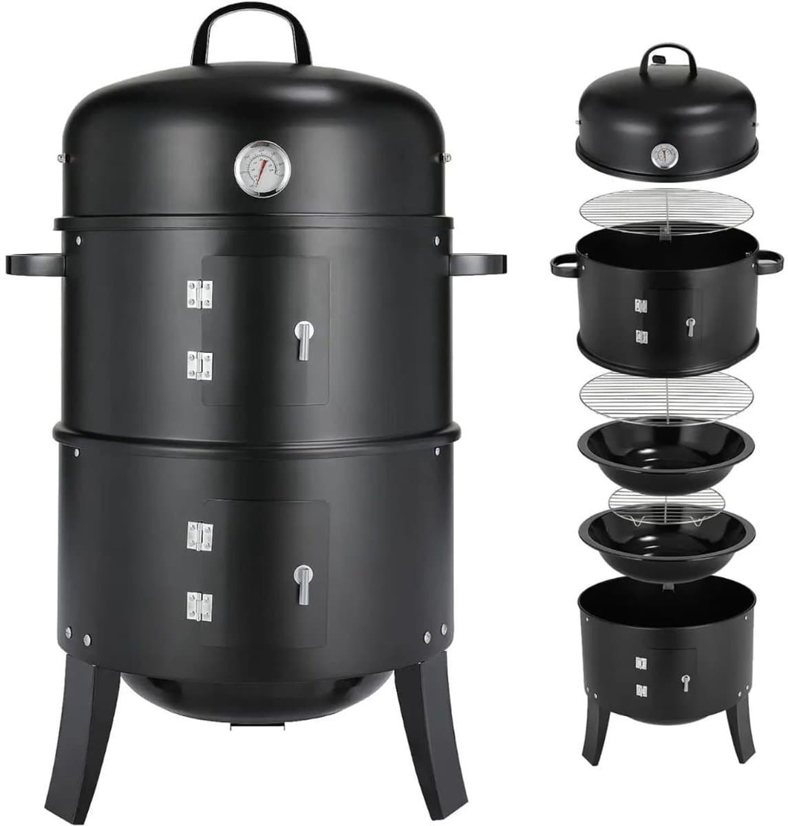 Serolux® - Barbecue - 3-in-1 - Houtskoolgrill - BBQ-rokergrill - Draagbare Verticale Grillkoker - met Ingebouwde Thermometers - Verstelbare Ventilatiesystemen - Klassieke Stijl - voor Buitenkoken - BBQ - 44.5 x 80 cm - Zwart — afbeelding 1