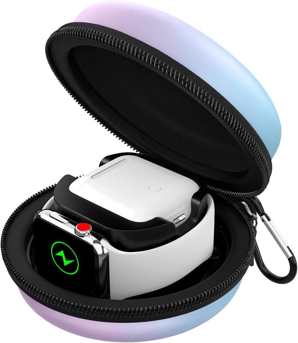 Beschermende Reisetui voor Apple Watch en Airpods - Opbergzakje voor iWatch, Dockstation voor Airpods - Blauw paars verloop, Draagbaar - Series 10 t/m SE. — afbeelding 1