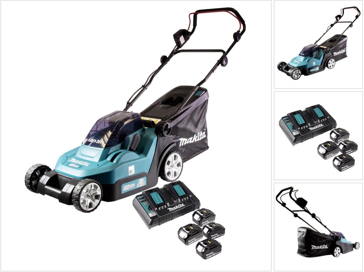 Makita DLM 432 PF4 accu grasmaaier 36 V ( 2x 18 V ) 43 cm borstelloos + 4x accu 3.0 Ah + dubbele lader — afbeelding 1