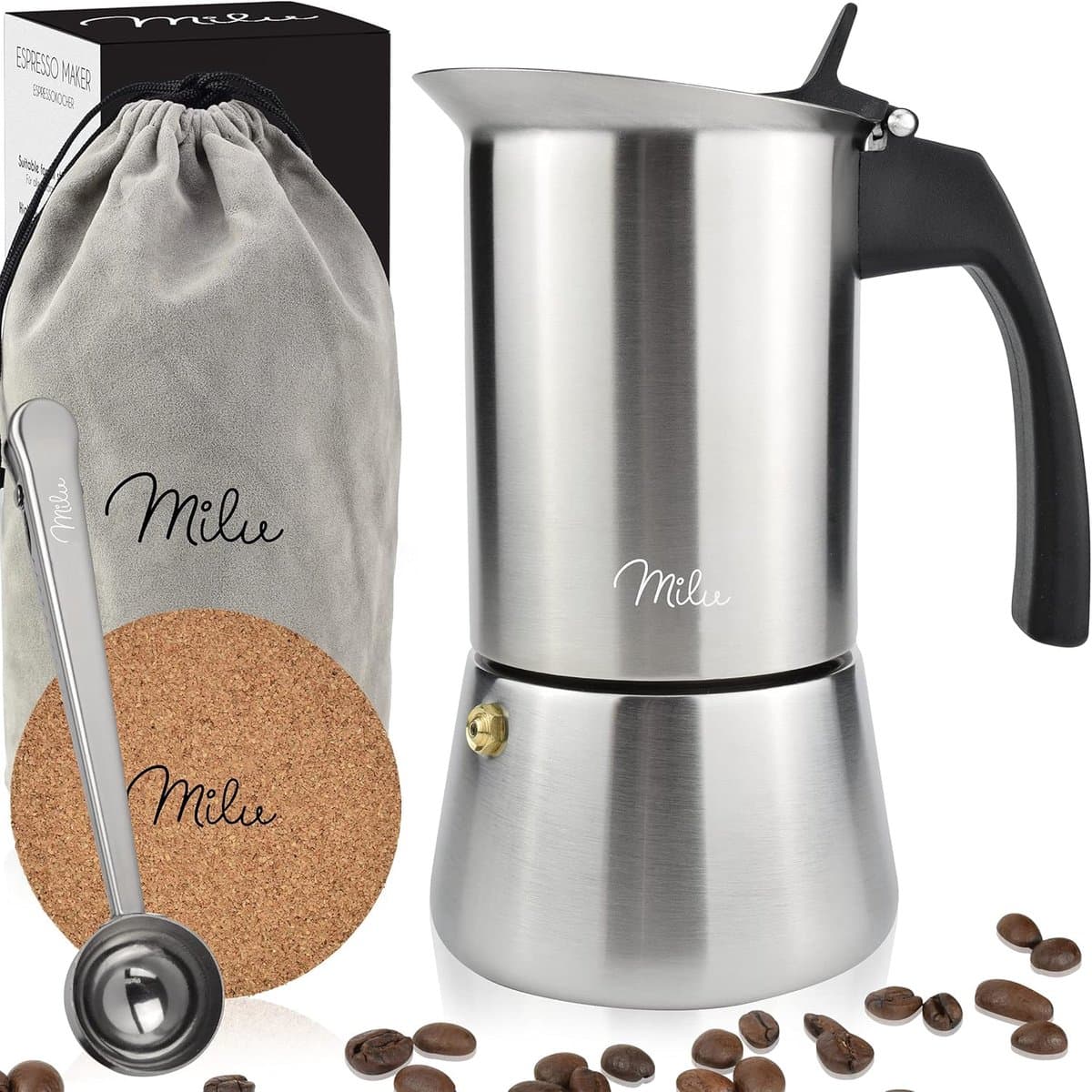 Milu Percolator voor Inductie | 2, 4, 6, 9 Koffiekopjes | RVS Espresso Maker met Onderzetter, Lepel en Borstel | 300ml / 6 Kopjes Moka Pot — afbeelding 1