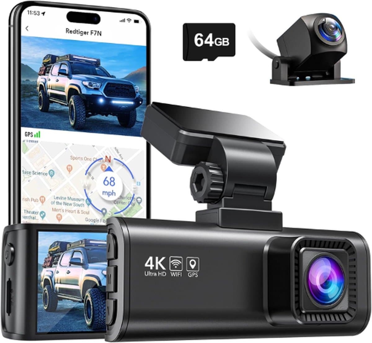 REDTIGER® Dashcam Voor Auto - Dashcam Voor Auto Full HD GPS - Dual Dashcam Voor Auto - Dashcam Auto - Dashcam Voor Auto Voor en Achter - Dashcam Auto Voor en Achter - Dashcam Voor Auto Met Wifi - Dashcam Wifi — afbeelding 1