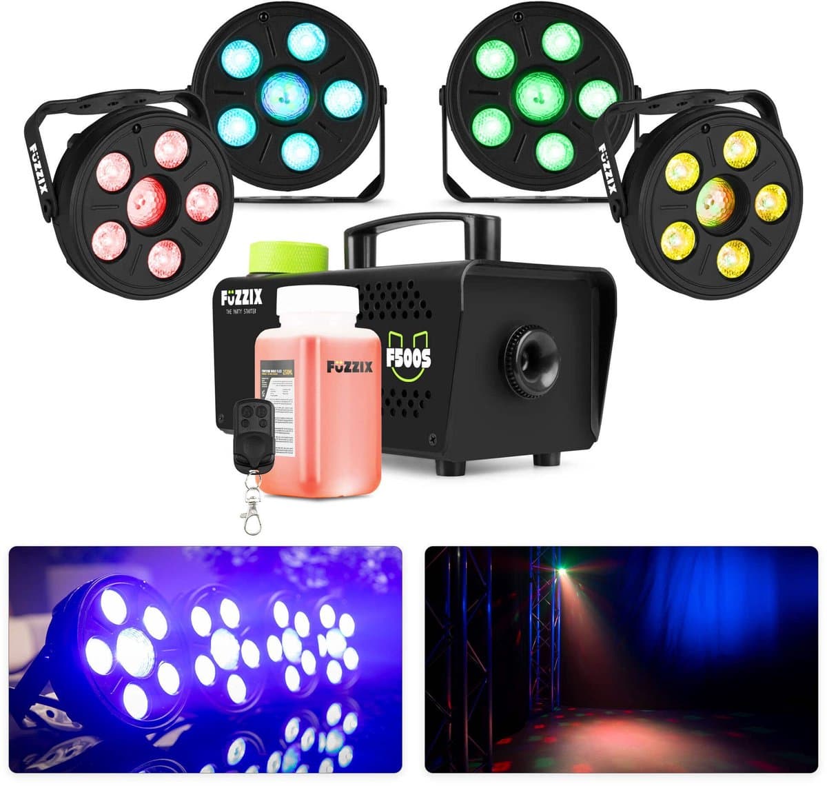 Fuzzix partystarter - Met rookmachine en 4 discolampen - Feestverlichting pakket - Met RGB LED’s — afbeelding 1
