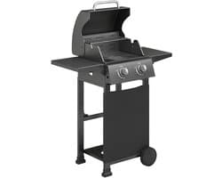 Gasbarbecue - Gasbarbecue en grill - 2 Branders - 5,4 kW - Grillwagen - met Grillrooster, Wielen, Inklapbaar Bijzettafels, Drukregelaar, Slangen, Thermometer en Warmhoudplaten - 95 x 53 x 111.5 cm - Zwart