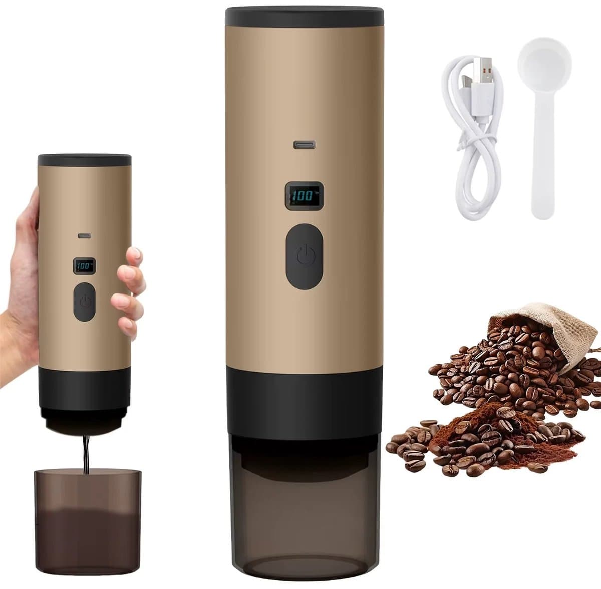 Draagbaar Koffiezetapparaat - Draagbare Koffiemaker - 3 in 1 - Inclusief Beker - Oplaadbaar - 12 V Koffiezetapparaat - Reizen, Kamperen, Auto, Thuis - Bruin — afbeelding 1