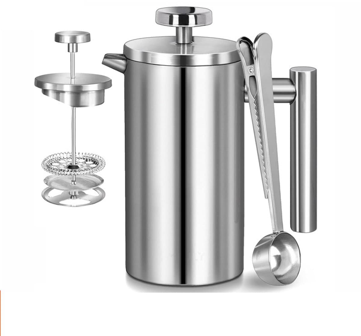 Franse koffiepers van 1 liter (34 oz), dubbelwandig roestvrij staal, met 3 filters en een schoonmaakborstel; geïsoleerde theemaker (350 ml) voor thuis, kamperen en reizen. — afbeelding 1