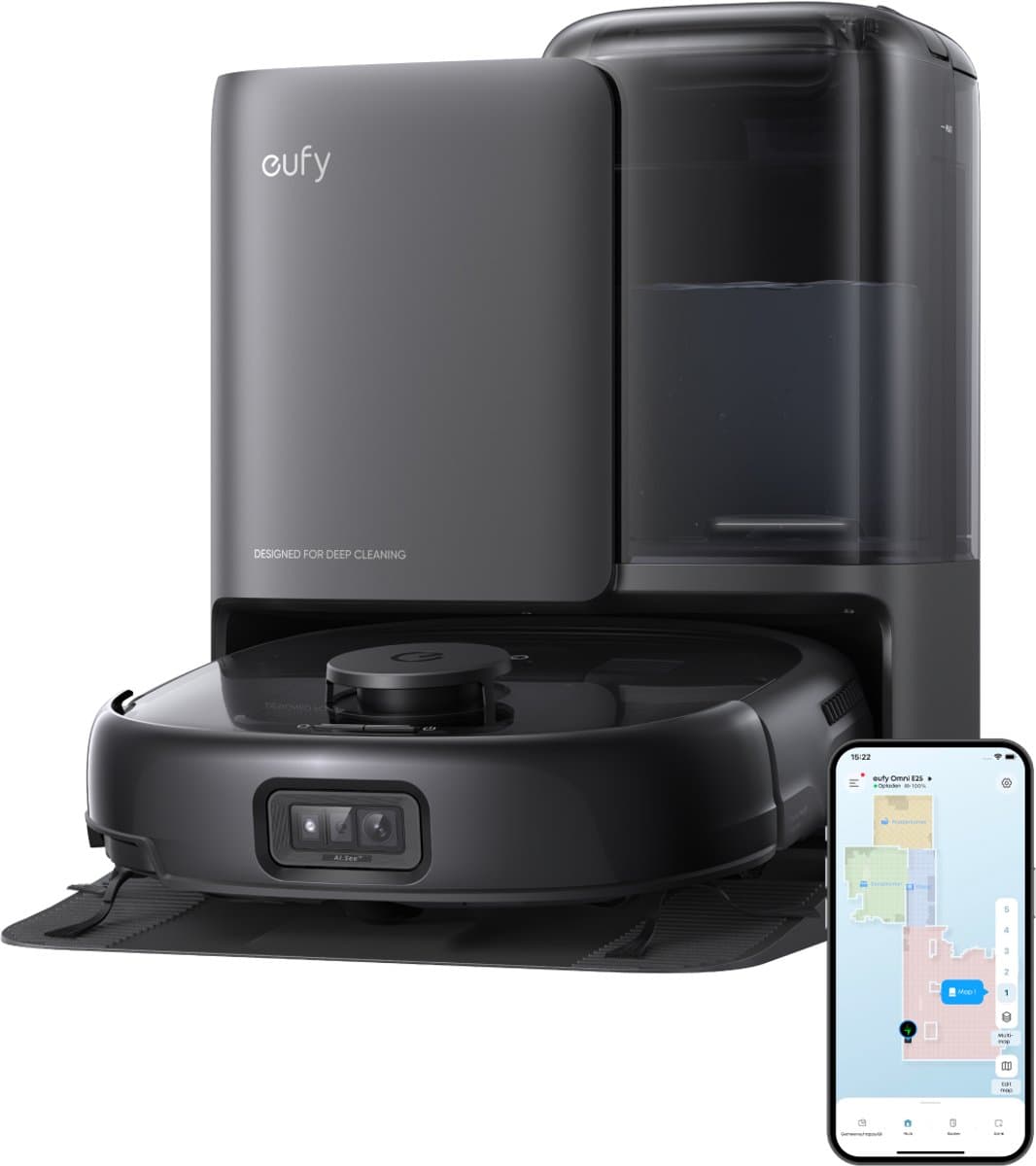 eufy Robotstofzuiger Omni E25, HydroJet dweilsysteem, 20.000 Pa zuigkracht, DuoSpiral borstels die ontklitten, CornerRover arm voor het schoonmaken van hoeken, alles-in-één station, voor gezinnen met huisdieren en kinderen. — afbeelding 1