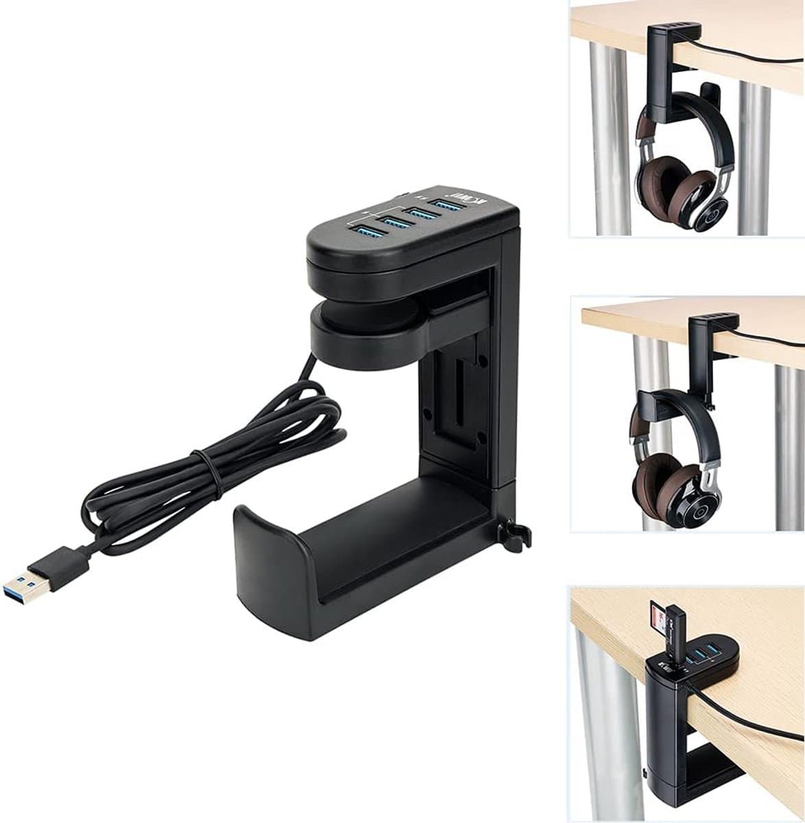 Universele Koptelefoonhouder met USB Hub en Kabelclip - 360° Draaibaar Bureau Organizer — afbeelding 1