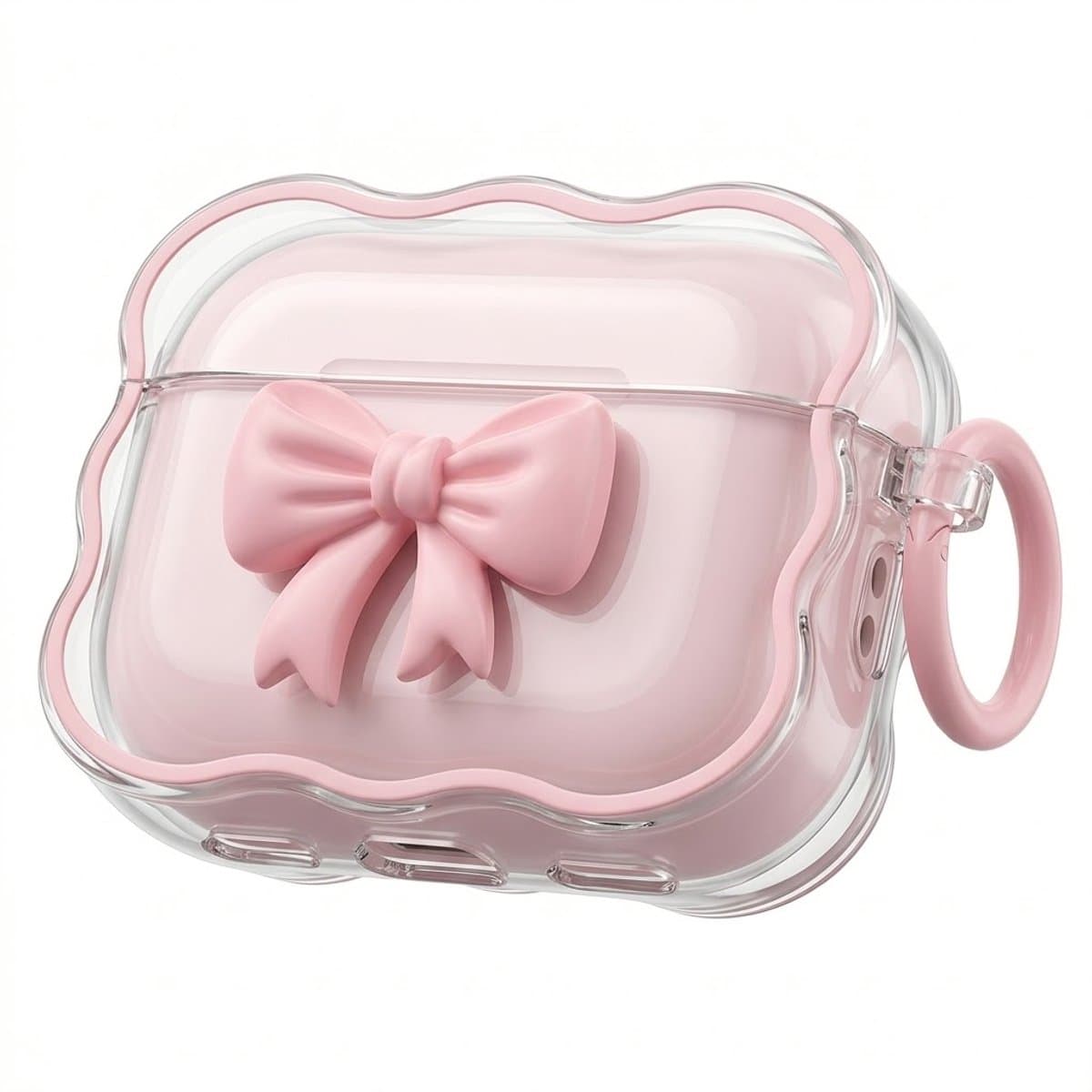 Roze transparant hoesje voor oordopjes dames met 3D strik en golvende rand geschikt voor AirPods Pro 2 siliconen soft case beschermhoes met ring — afbeelding 1