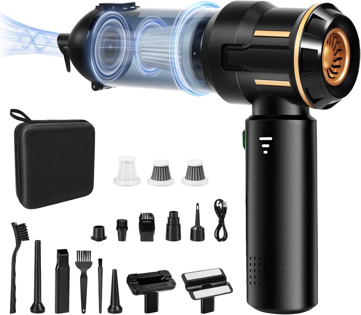 Sander Shop Draadloze Handstofzuiger, 4-in-1 Mini Auto Stofzuiger Stofblazer, 16.000 Pa Krachtige Krachtige Zuigkracht borstelloze motor, 6000mAh batterij, 1-touch leegmaken, EVA-tas, voor auto/thuis Zwart — afbeelding 1