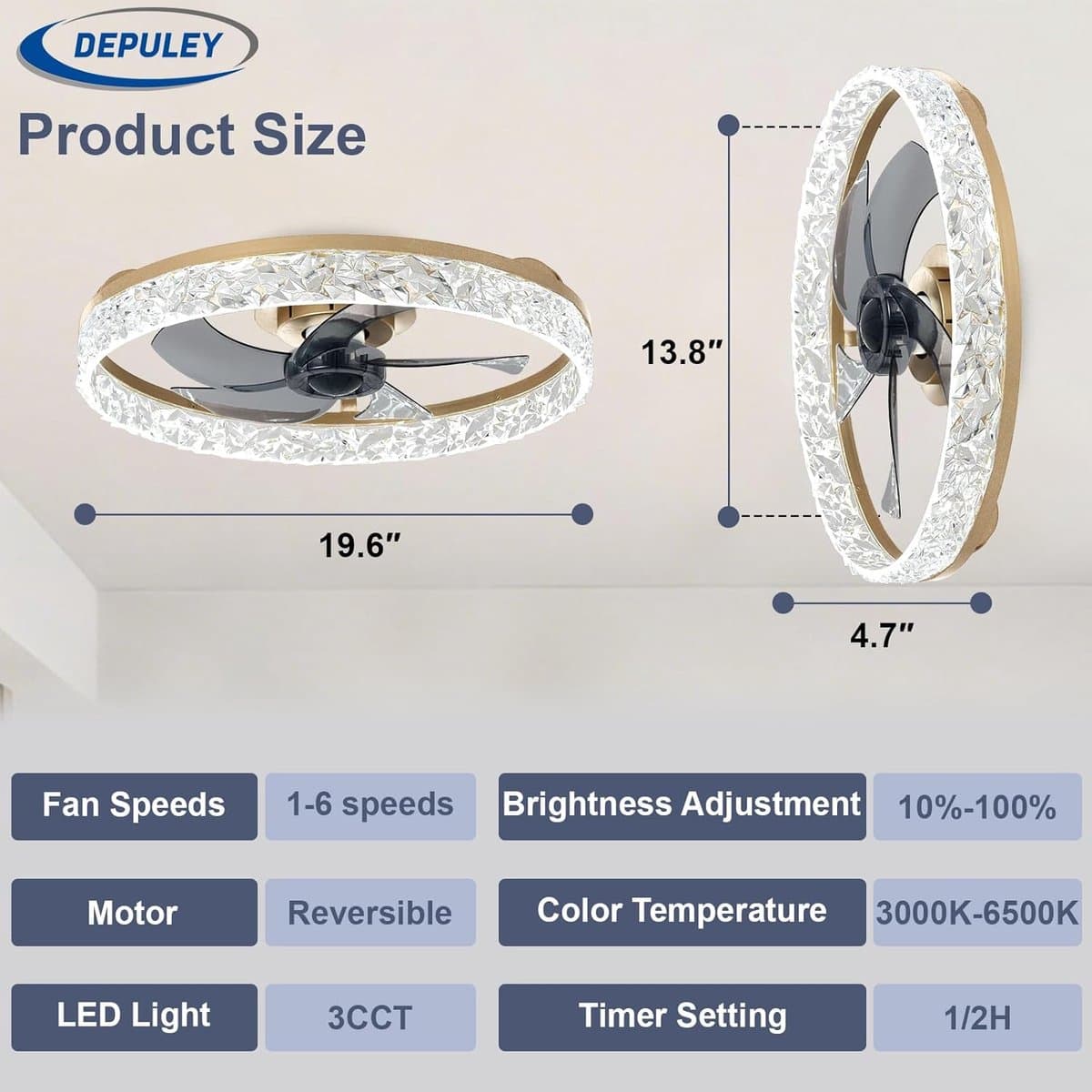 Plafondventilator met Lamp - Ventilator en Verlichting - Comfort in Huis - Instelbare Lichtkleur - 50 cm Diameter - Goudkleurig — afbeelding 1