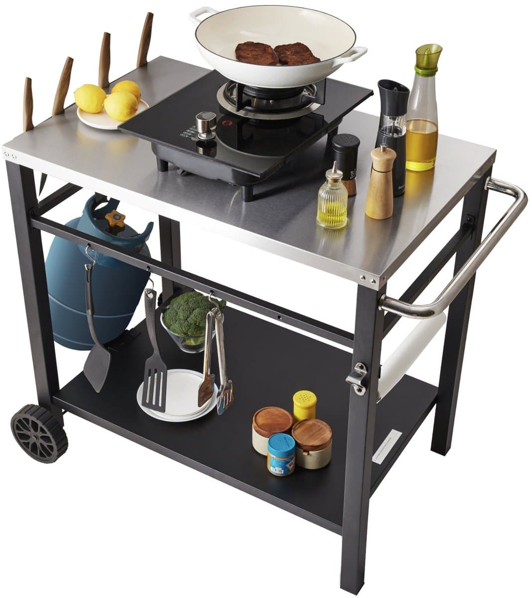 BBQ Werktafel – Barbecue Tafel – Grilltafel – Buitenkeuken Trolley – Werkbank Buiten – Roestvrijstalen Blad – Dubbele Plank – 85x55 cm – Verrijdbaar Met 2 Wielen — afbeelding 1
