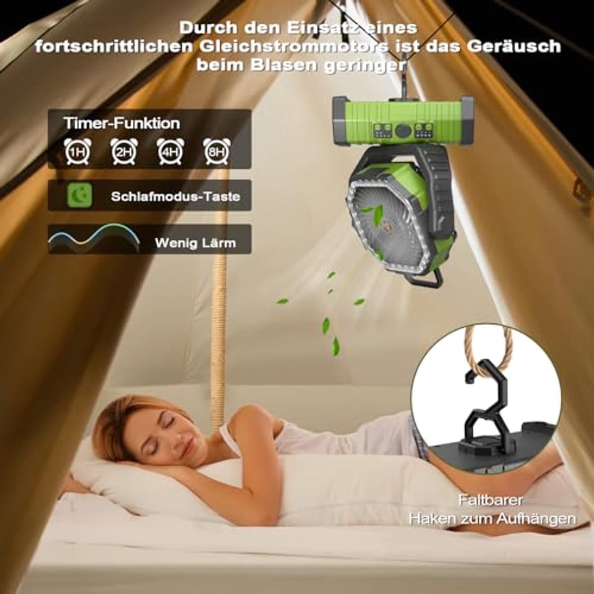 Draagbare Campingventilator met LED licht - 20.000 mAh, 4 standen, USB, Stil, Met Afstandsbediening en Haken - Ideaal voor Picknick, Barbecue, Vissen en Wandelen — afbeelding 1