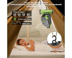 Draagbare Campingventilator met LED licht - 20.000 mAh, 4 standen, USB, Stil, Met Afstandsbediening en Haken - Ideaal voor Picknick, Barbecue, Vissen en Wandelen