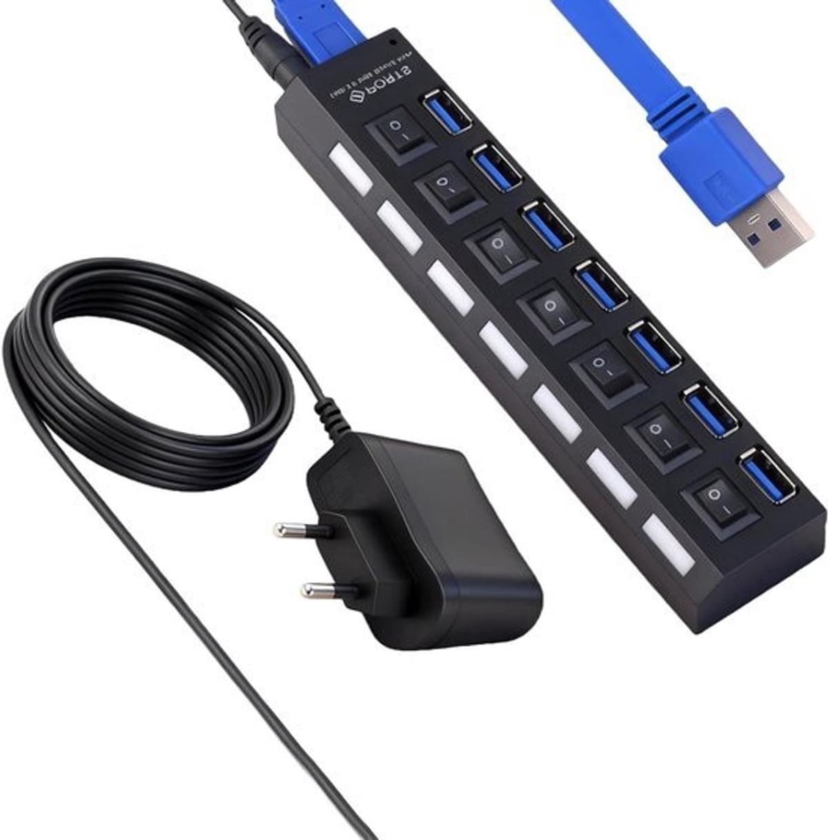 USB Hub - Poorten uitbreiden - Werkplek ordenen - 7+1 poorten - 5Gbps snelheid - Zwart — afbeelding 1