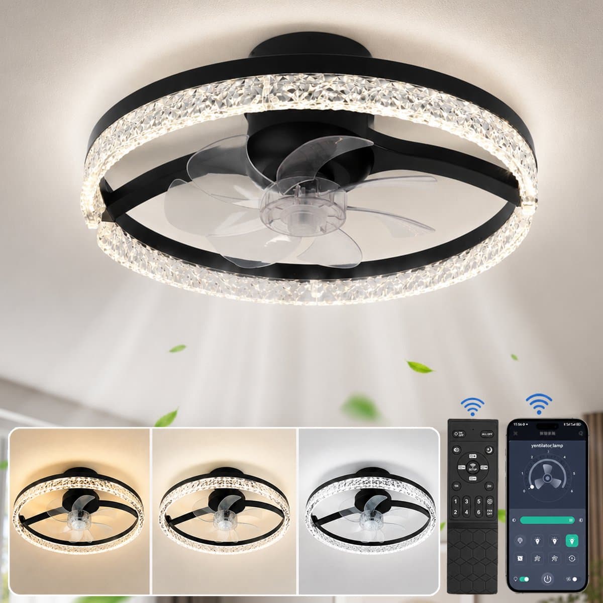Rosnek Ventilatorlamp Plafond - Moderne Plafondventilator met Verlichting - Smart App Control & Remote Control - Ultra Stil - Omkeerbare Motor Zomer en Winterstand - Dimbaar - 6 Snelheden - Ø 45 cm — afbeelding 1