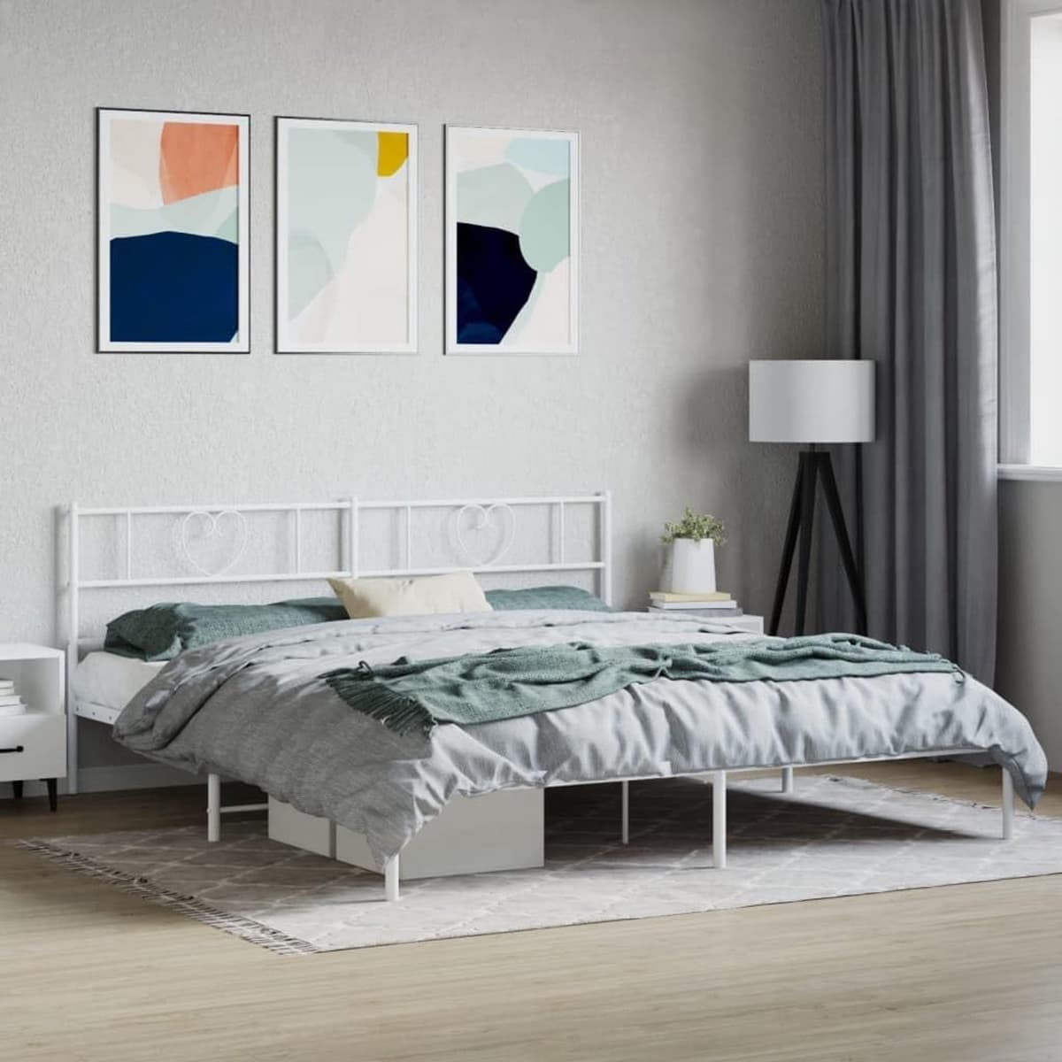 Bedframe met hoofdeinde metaal wit 183 x 213 cm Telaio per camera da letto Cornice da letto per soggiorno Struttura del letto dell'hotel Adatto per camera da letto — afbeelding 1